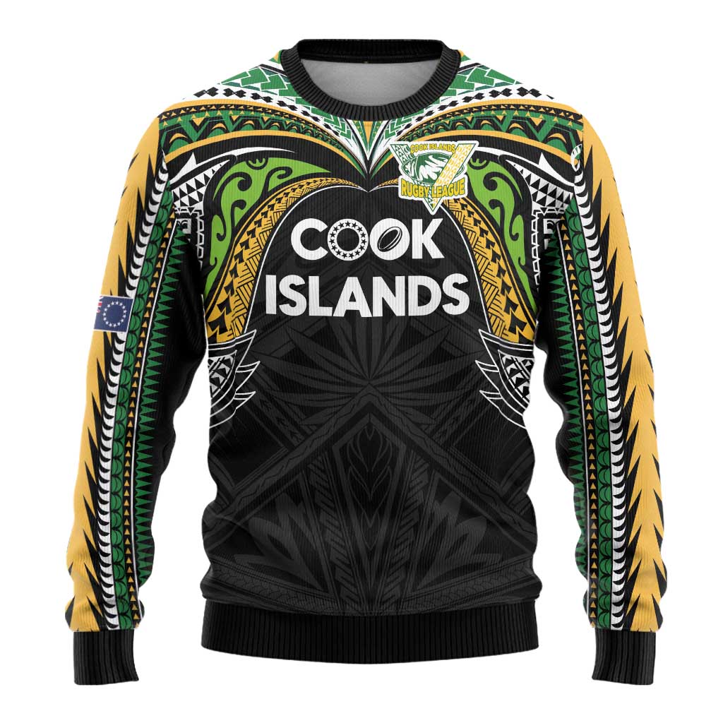 Custom Cook Islands Rugby League Ugly Christmas Sweater Tatau Tribal Motifs-Black Color LT03 - Polynesian Pride
