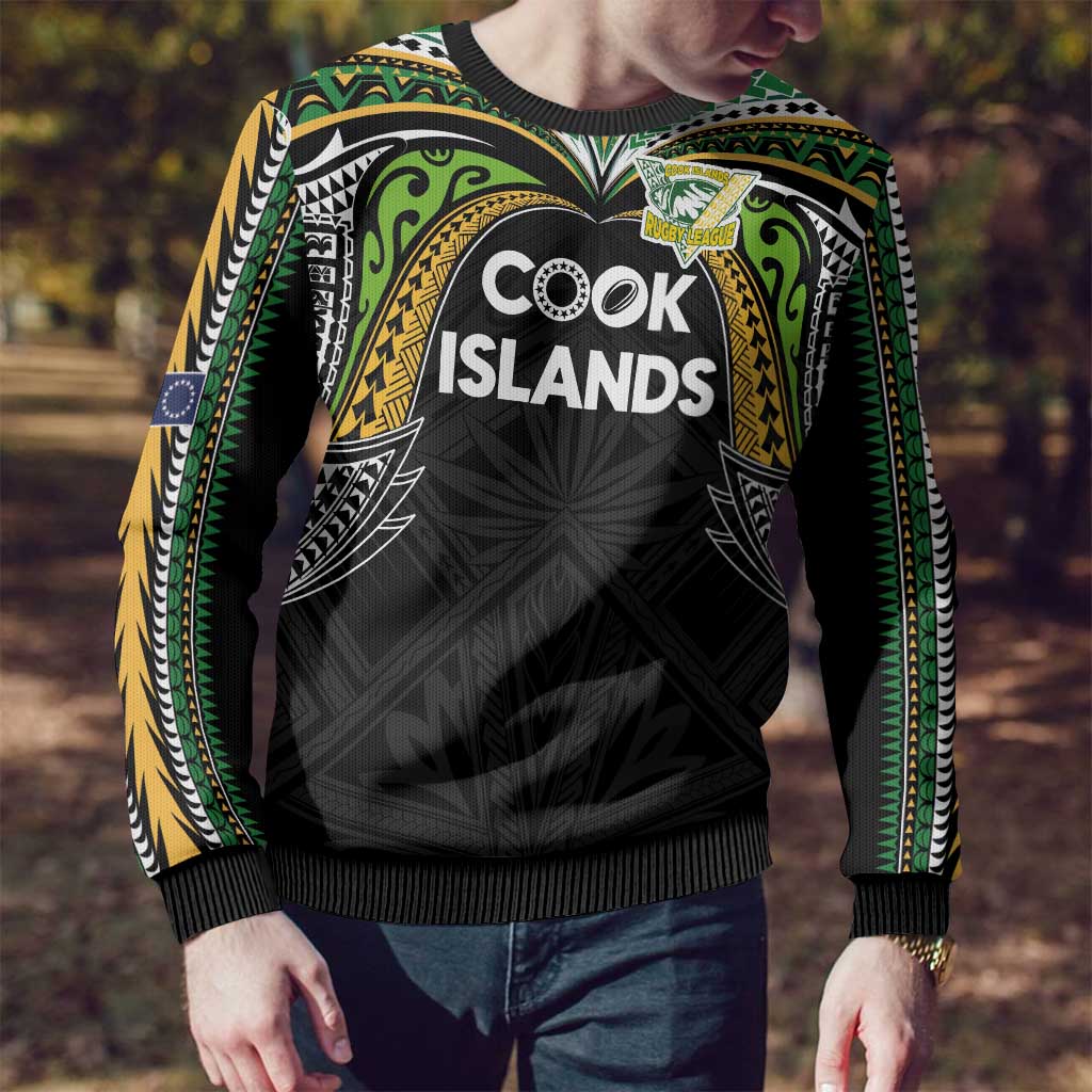 Custom Cook Islands Rugby League Ugly Christmas Sweater Tatau Tribal Motifs-Black Color LT03 - Polynesian Pride