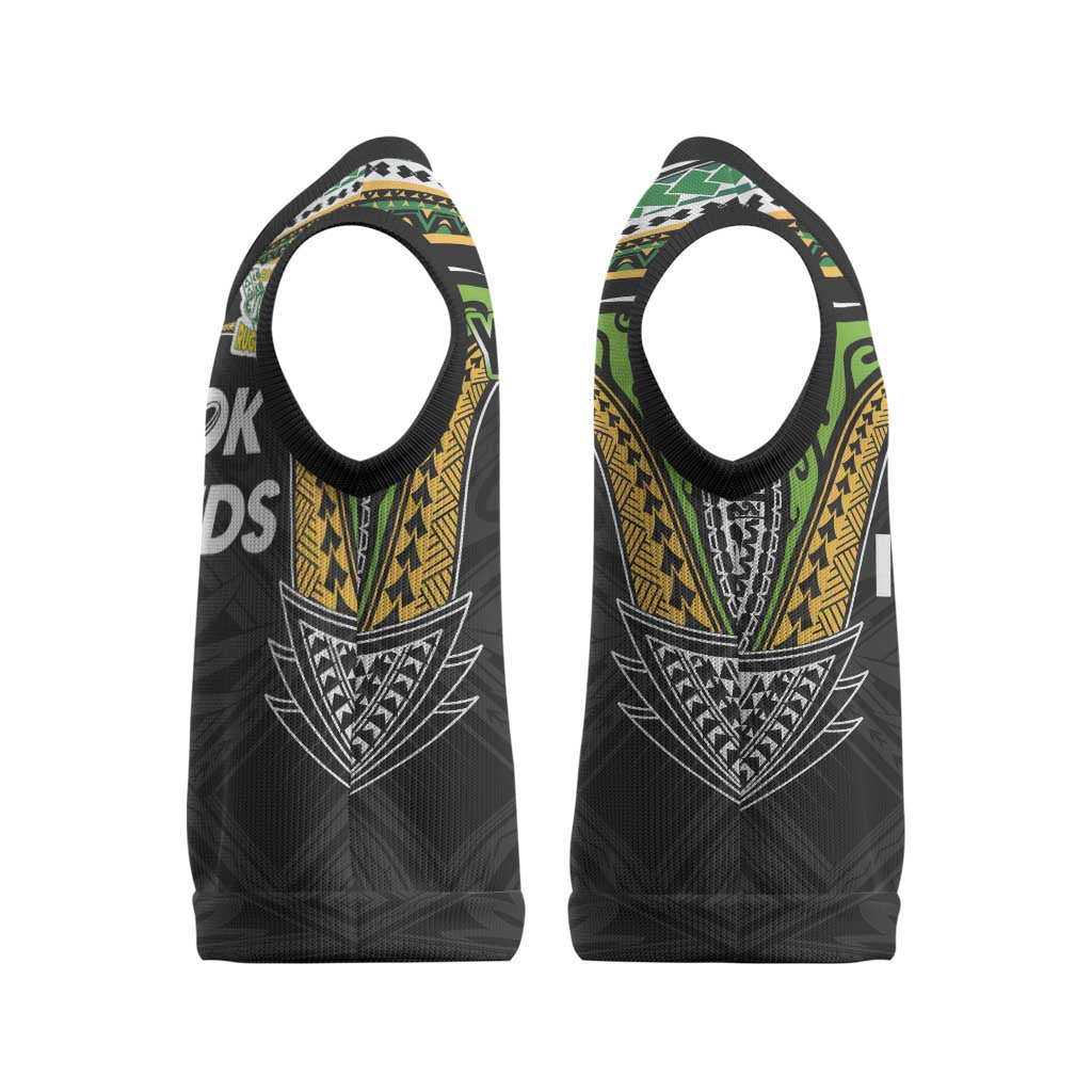 Custom Cook Islands Rugby League Christmas Knitted V-Neck Vest Tatau Tribal Motifs-Black Color LT03 - Polynesian Pride