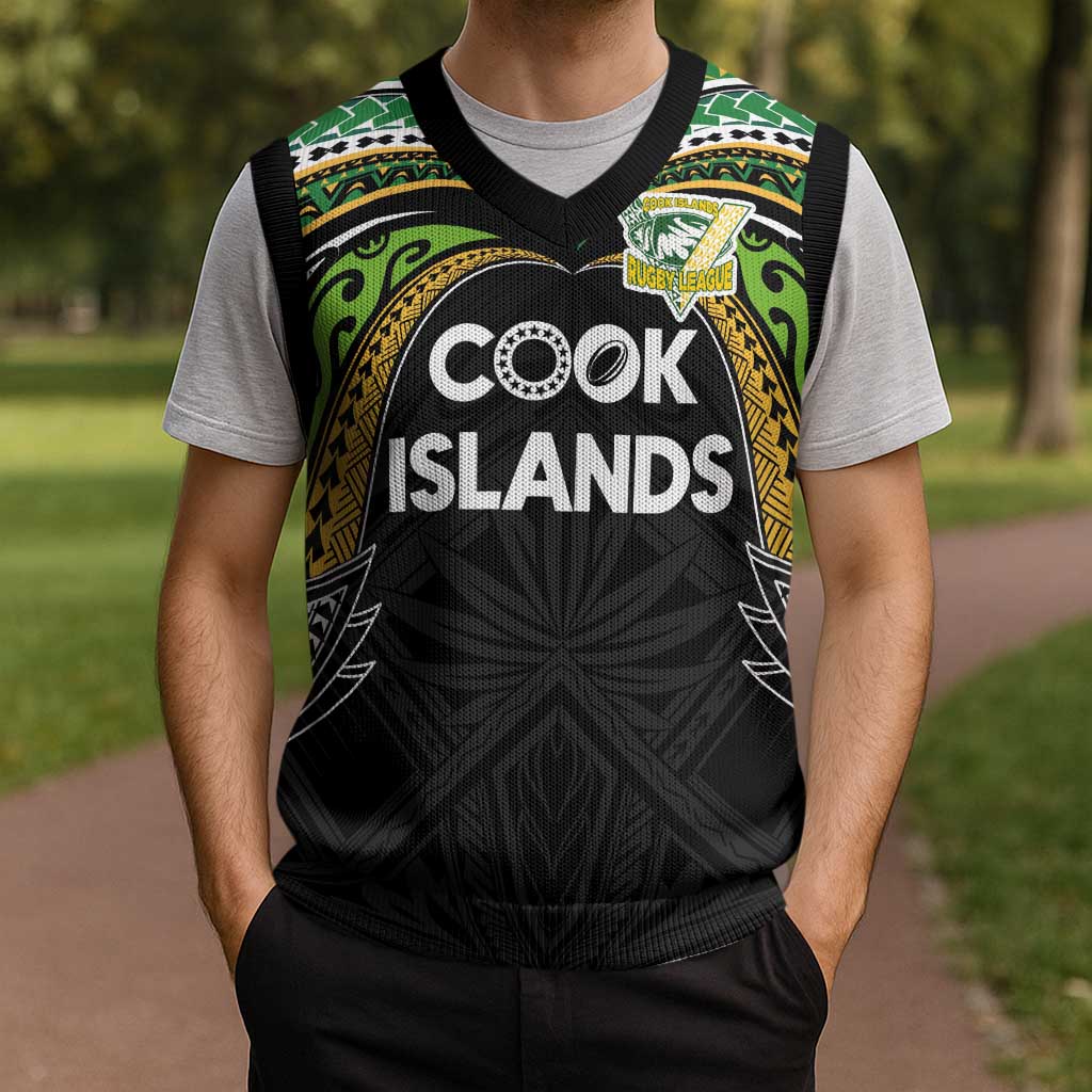 Custom Cook Islands Rugby League Christmas Knitted V-Neck Vest Tatau Tribal Motifs-Black Color LT03 - Polynesian Pride