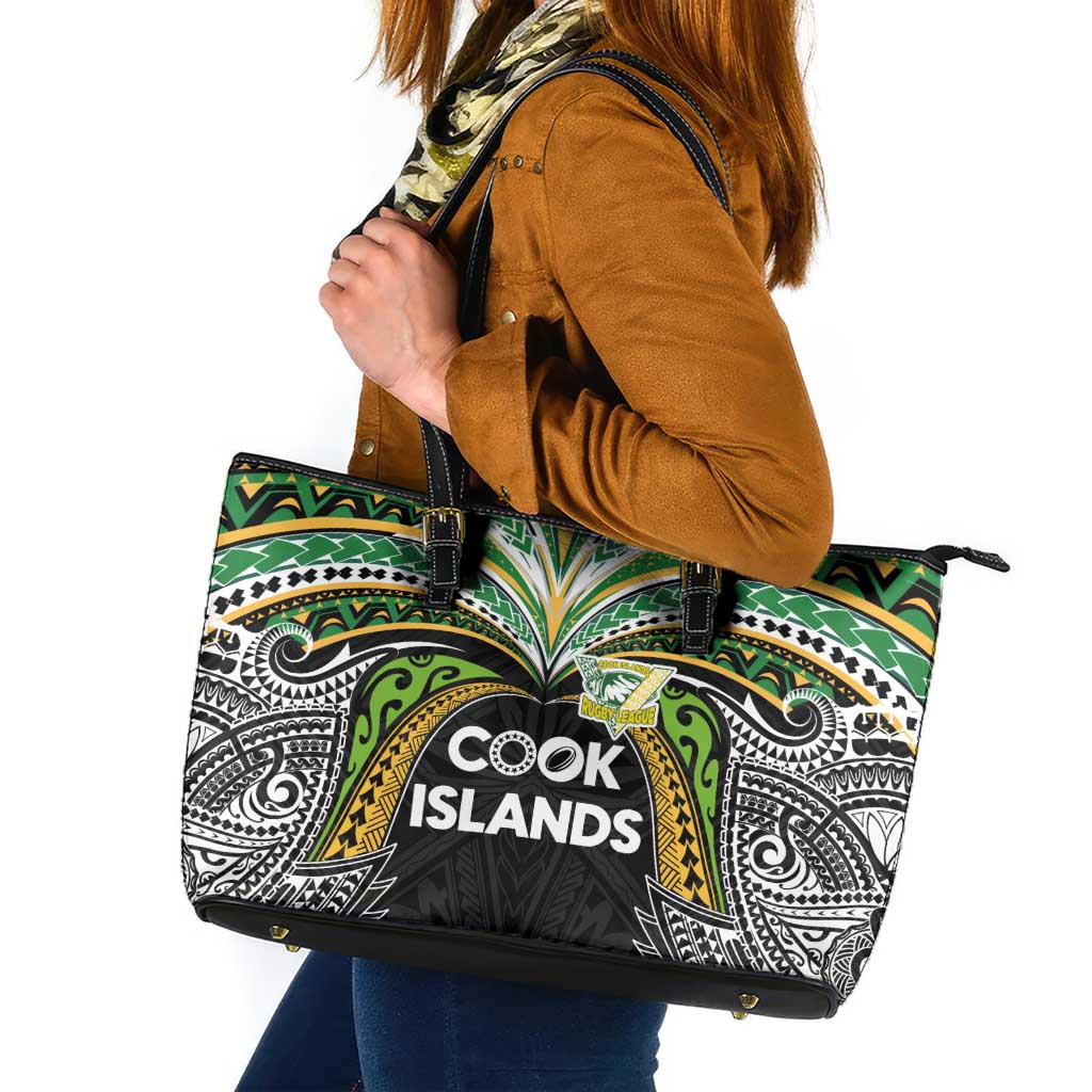 Cook Islands Rugby League Leather Tote Bag Tatau Tribal Motifs-Black Color LT03 Black - Polynesian Pride