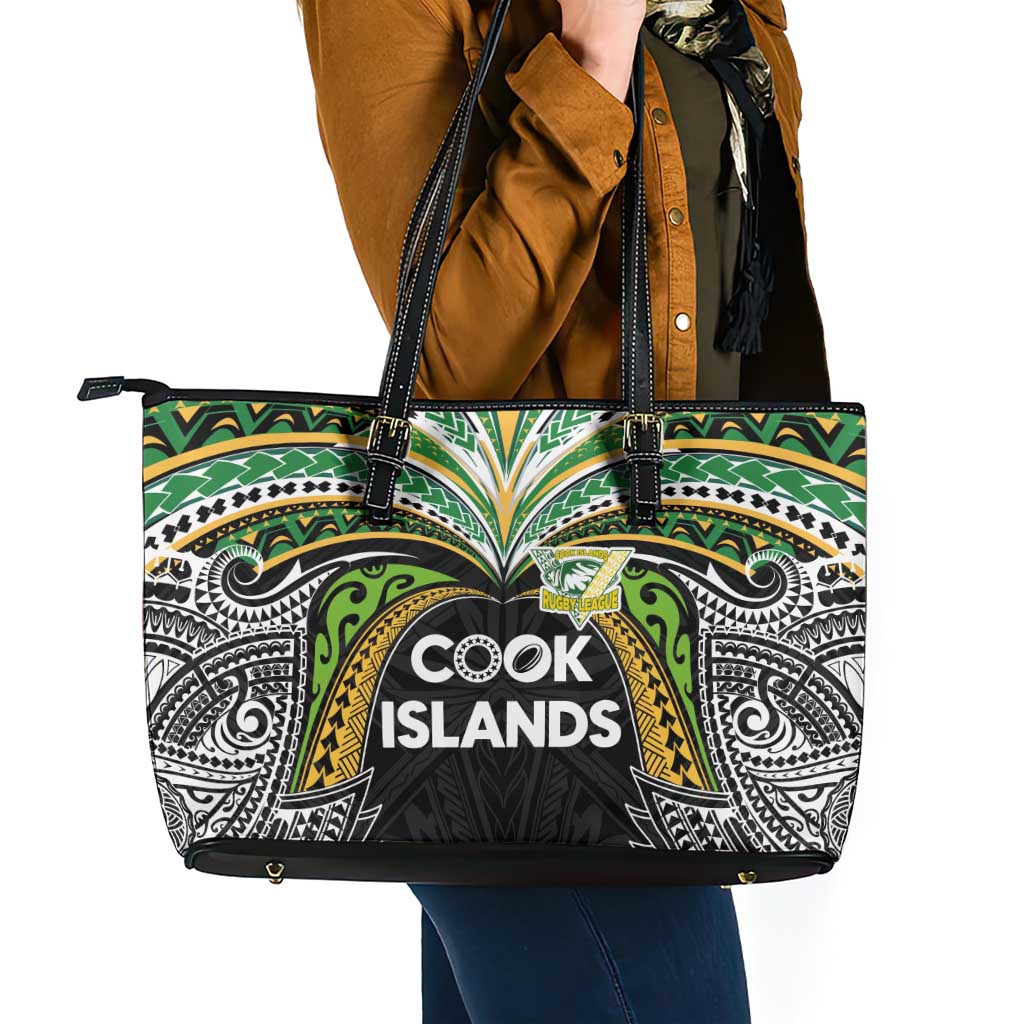 Cook Islands Rugby League Leather Tote Bag Tatau Tribal Motifs-Black Color LT03 - Polynesian Pride