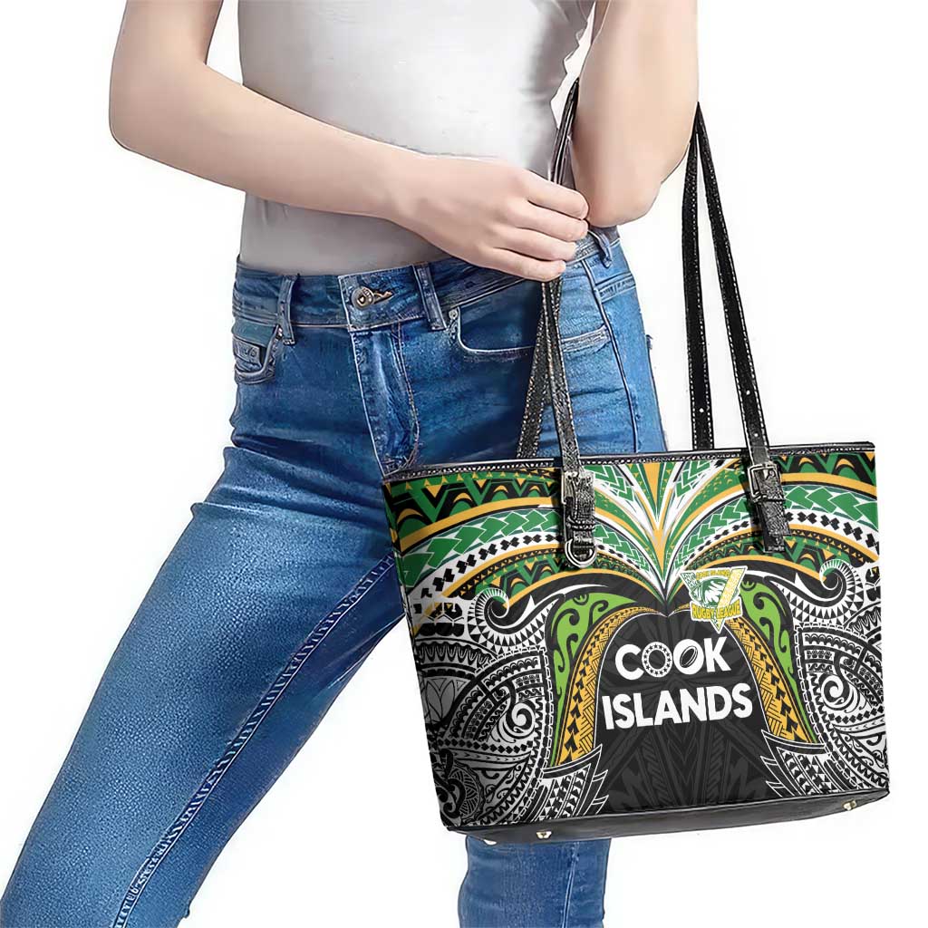 Cook Islands Rugby League Leather Tote Bag Tatau Tribal Motifs-Black Color LT03 - Polynesian Pride