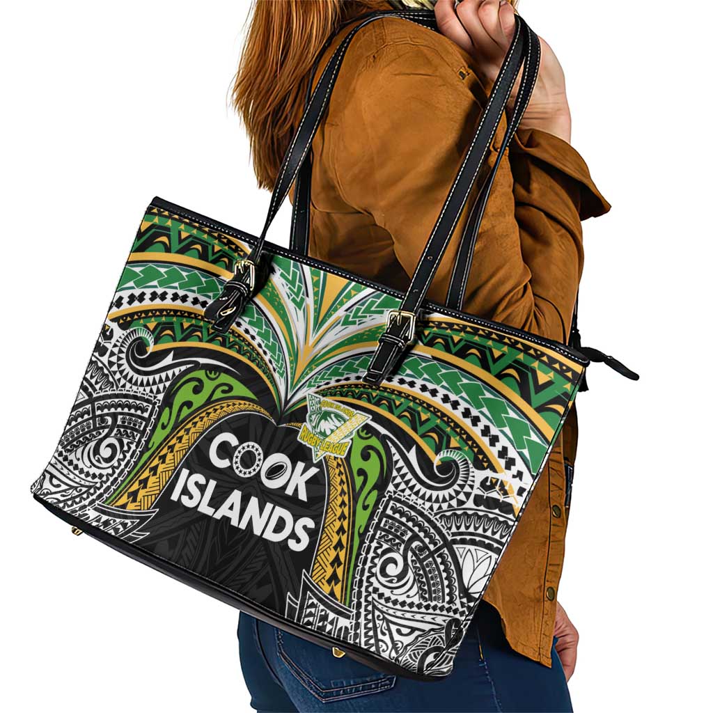 Cook Islands Rugby League Leather Tote Bag Tatau Tribal Motifs-Black Color LT03 - Polynesian Pride