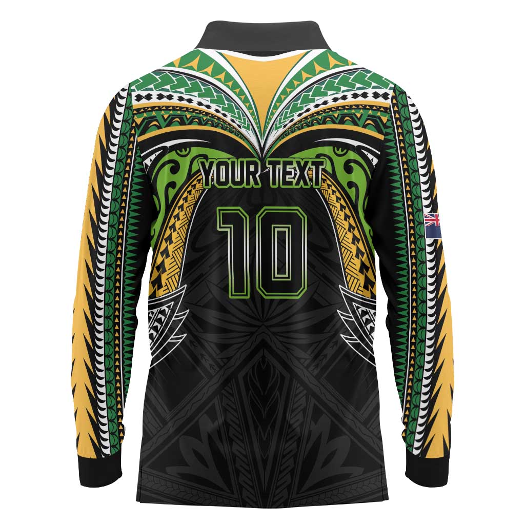 Custom Cook Islands Rugby League Long Sleeve Polo Shirt Tatau Tribal Motifs-Black Color LT03 - Polynesian Pride