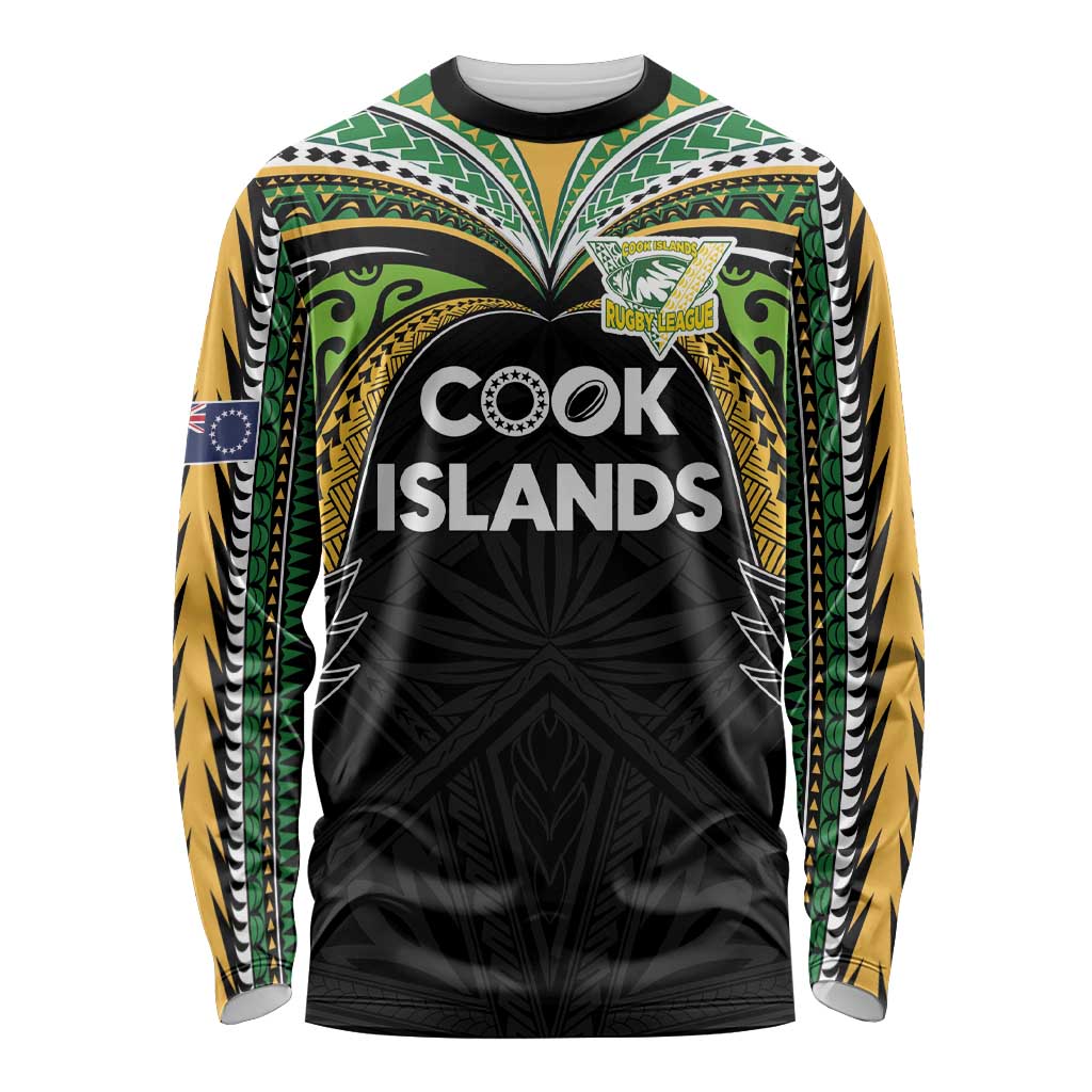 Custom Cook Islands Rugby League Long Sleeve Shirt Tatau Tribal Motifs-Black Color LT03 Unisex Black - Polynesian Pride