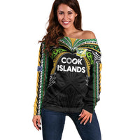 Custom Cook Islands Rugby League Off Shoulder Sweater Tatau Tribal Motifs-Black Color LT03 Women Black - Polynesian Pride