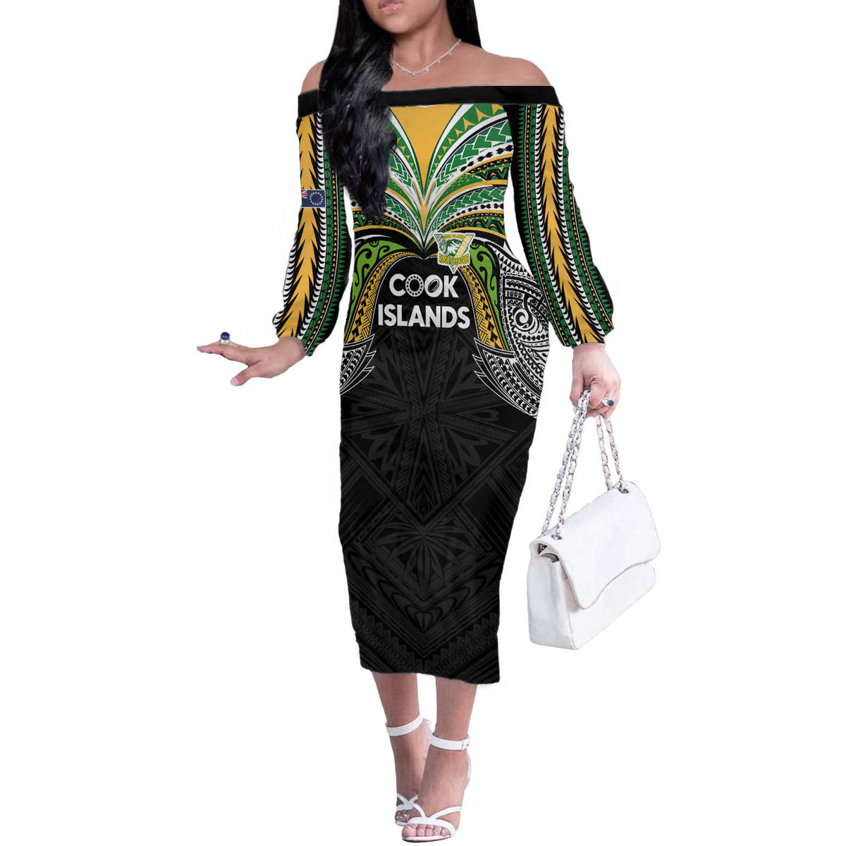 Custom Cook Islands Rugby League Off The Shoulder Long Sleeve Dress Tatau Tribal Motifs-Black Color LT03 Women Black - Polynesian Pride