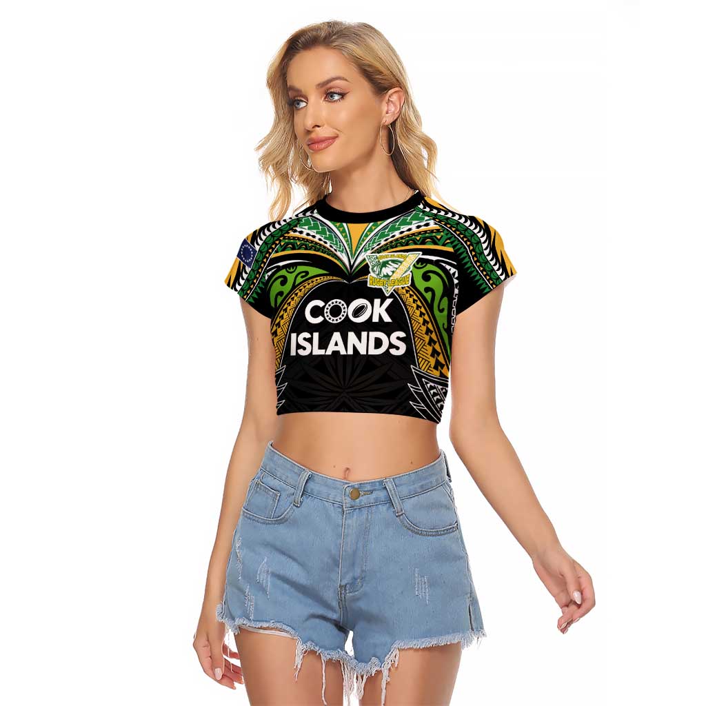 Custom Cook Islands Rugby League Raglan Cropped T Shirt Tatau Tribal Motifs-Black Color LT03 Female Black - Polynesian Pride