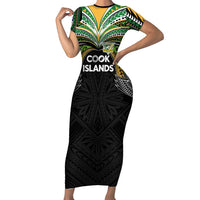 Custom Cook Islands Rugby League Short Sleeve Bodycon Dress Tatau Tribal Motifs-Black Color LT03 Long Dress Black - Polynesian Pride