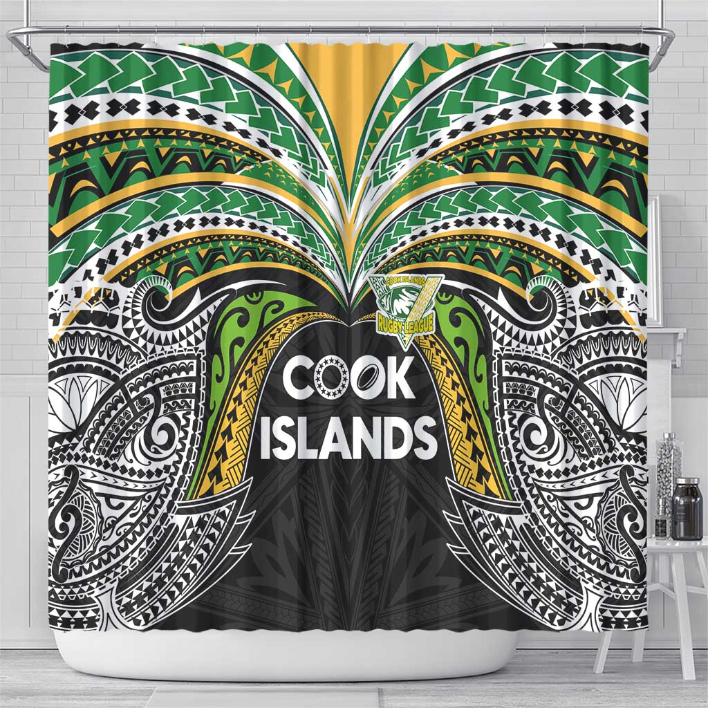Cook Islands Rugby League Shower Curtain Tatau Tribal Motifs-Black Color LT03 - Polynesian Pride