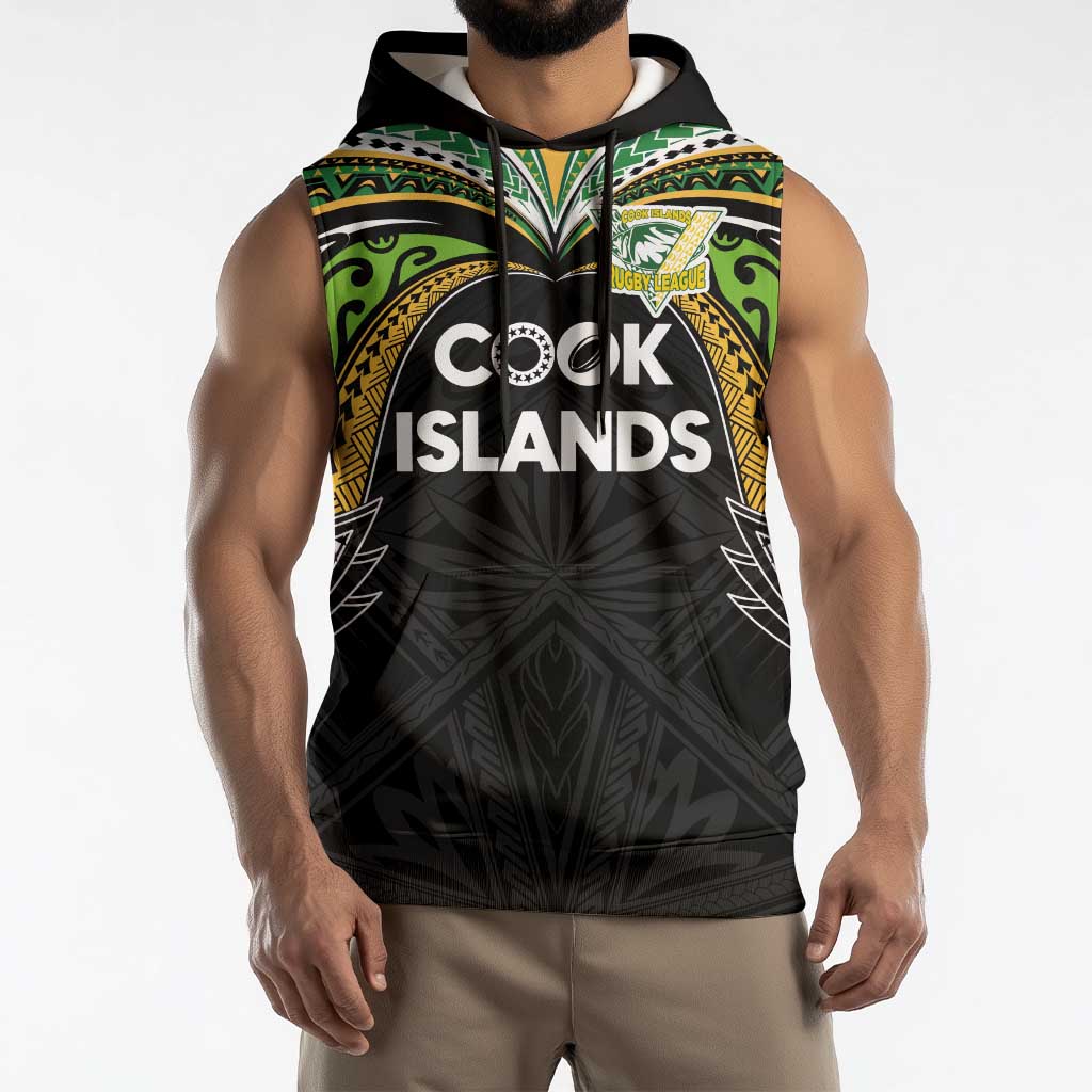 Custom Cook Islands Rugby League Sleeveless Hoodie Tatau Tribal Motifs-Black Color LT03 - Polynesian Pride