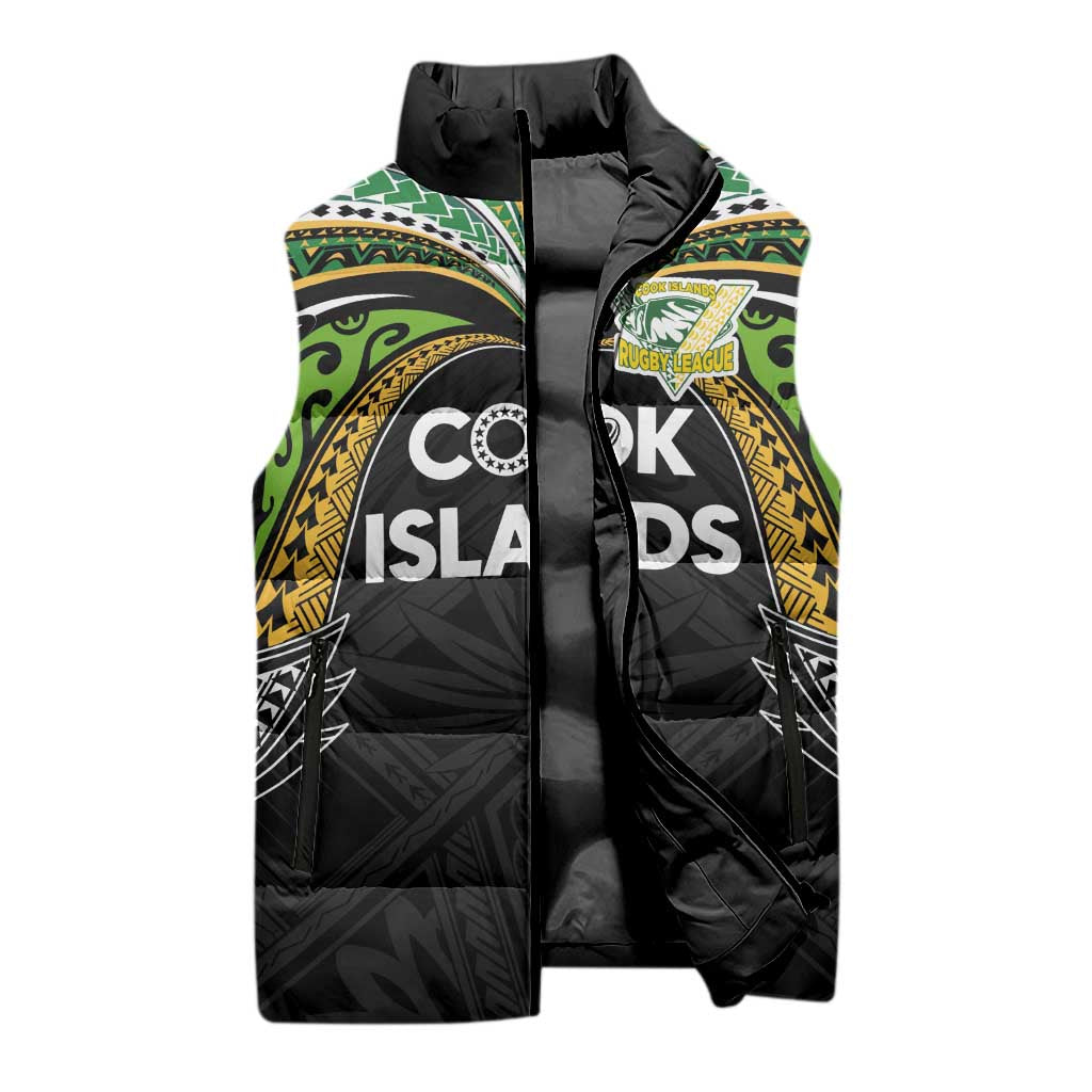 Custom Cook Islands Rugby League Sleeveless Puffer Jacket Tatau Tribal Motifs-Black Color LT03 - Polynesian Pride