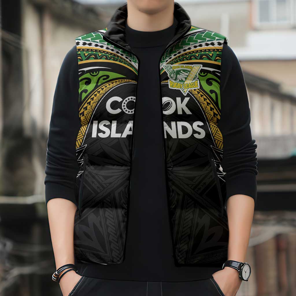 Custom Cook Islands Rugby League Sleeveless Puffer Jacket Tatau Tribal Motifs-Black Color LT03 - Polynesian Pride