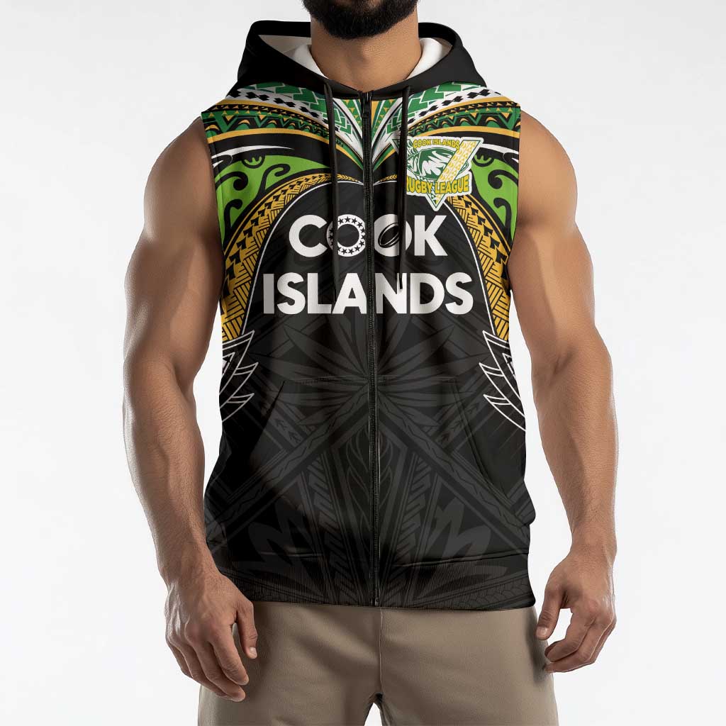 Custom Cook Islands Rugby League Sleeveless Zip Hoodie Tatau Tribal Motifs-Black Color LT03 - Polynesian Pride