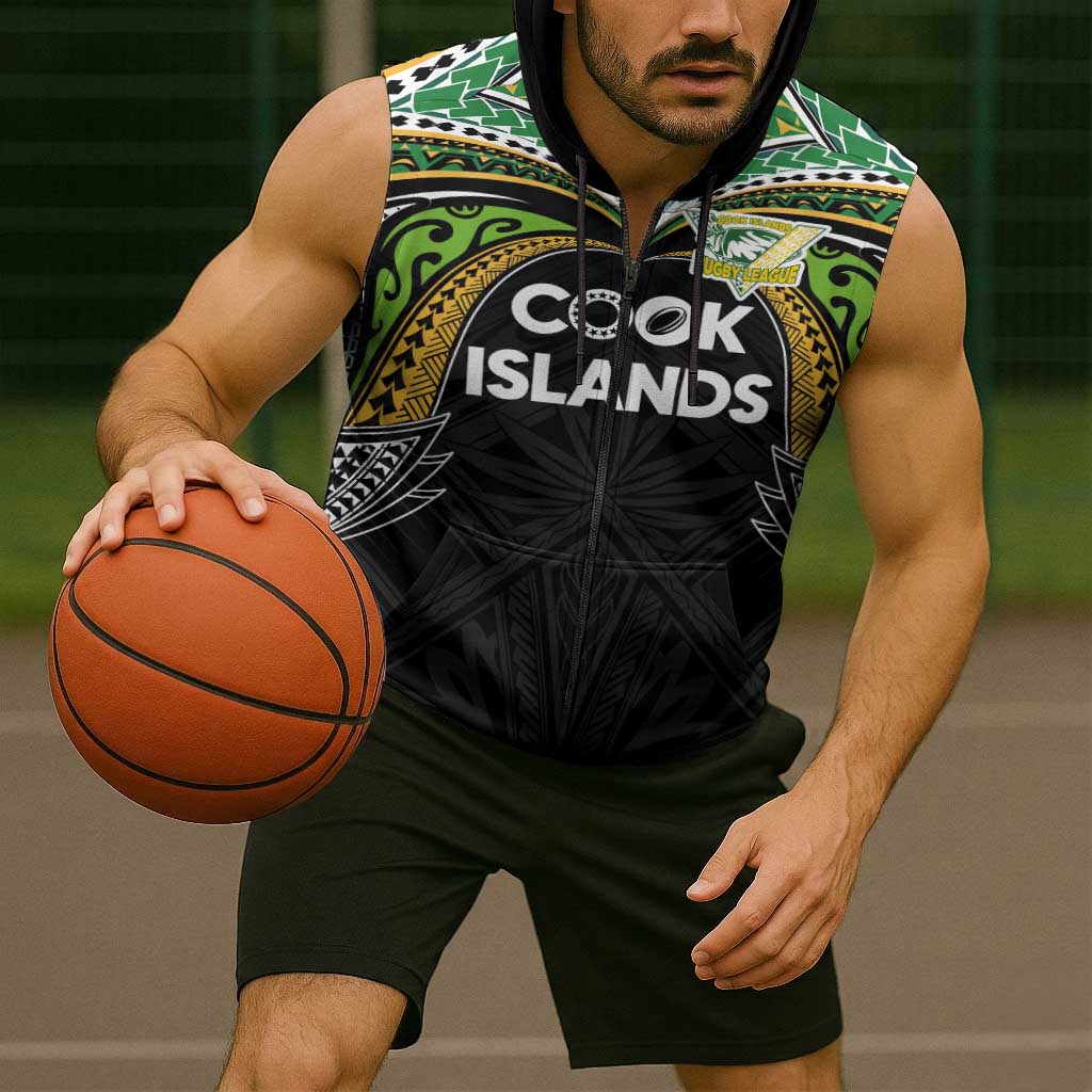 Custom Cook Islands Rugby League Sleeveless Zip Hoodie Tatau Tribal Motifs-Black Color LT03 - Polynesian Pride