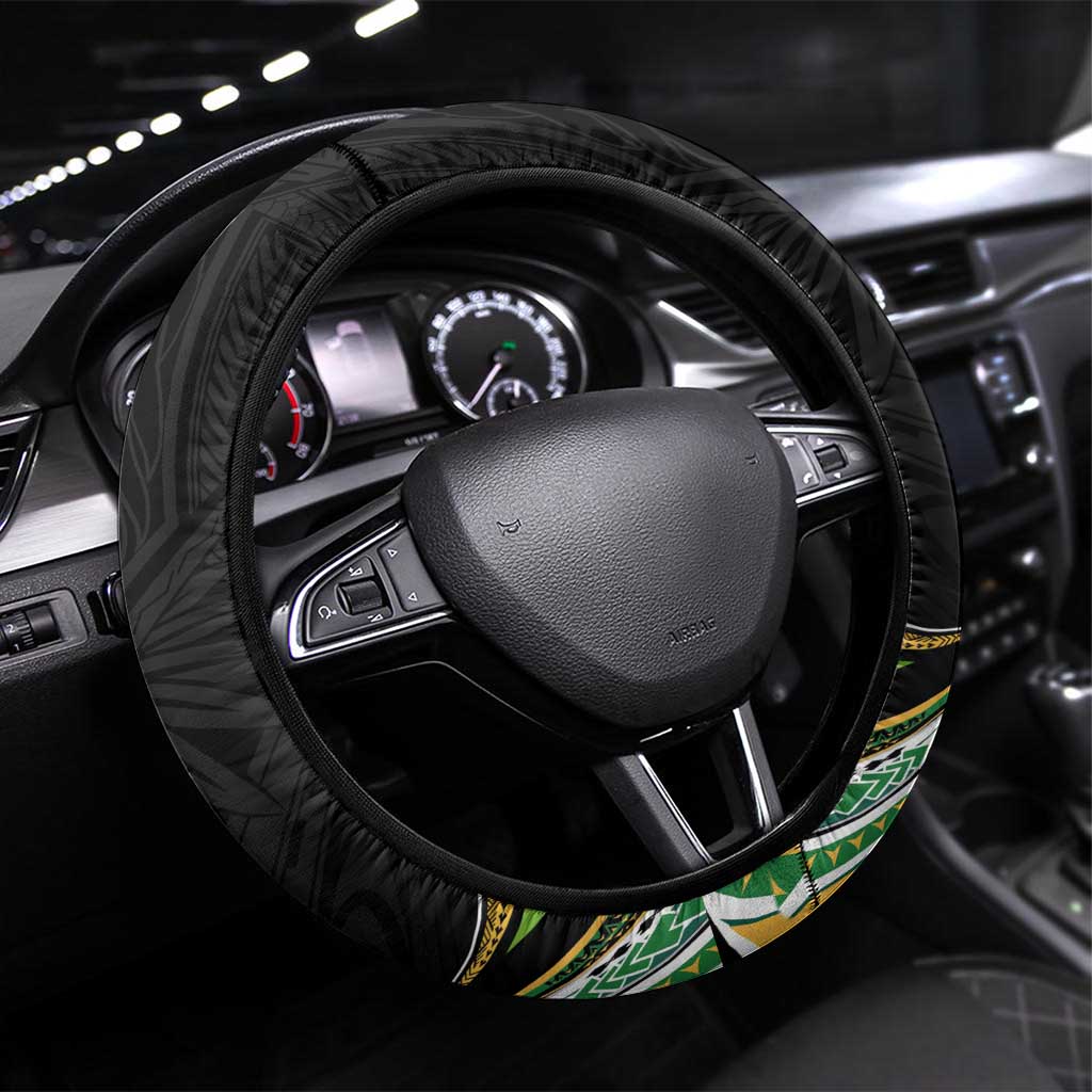 Cook Islands Rugby League Steering Wheel Cover Tatau Tribal Motifs-Black Color LT03 Universal Fit Black - Polynesian Pride