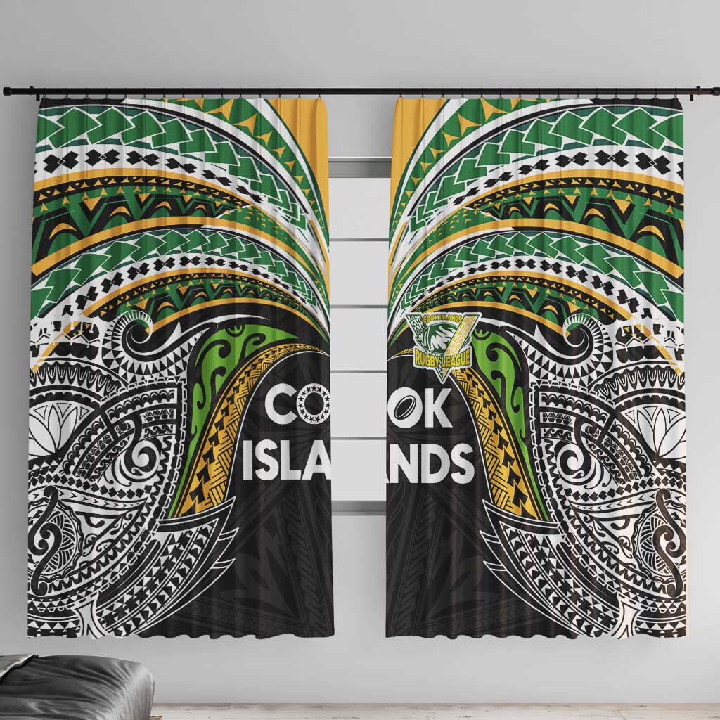 Cook Islands Rugby League Window Curtain Tatau Tribal Motifs-Black Color LT03 With Hooks Black - Polynesian Pride