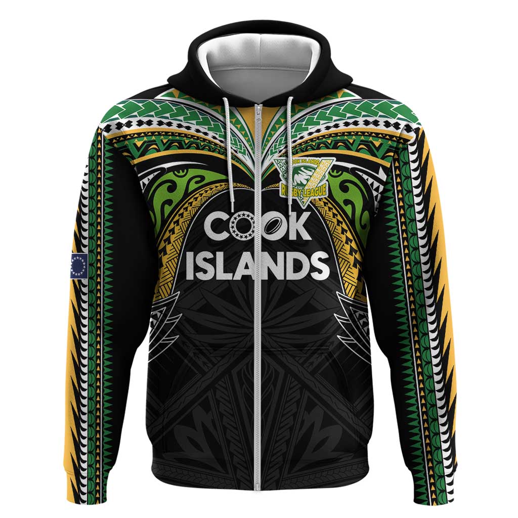 Custom Cook Islands Rugby League Zip Hoodie Tatau Tribal Motifs-Black Color LT03 Zip Hoodie Black - Polynesian Pride