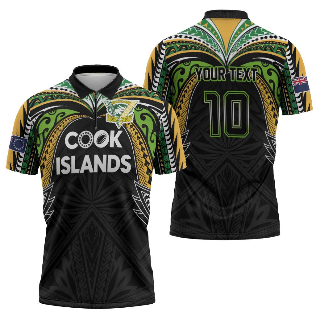 Custom Cook Islands Rugby League Zipper Polo Shirt Tatau Tribal Motifs-Black Color LT03 - Polynesian Pride