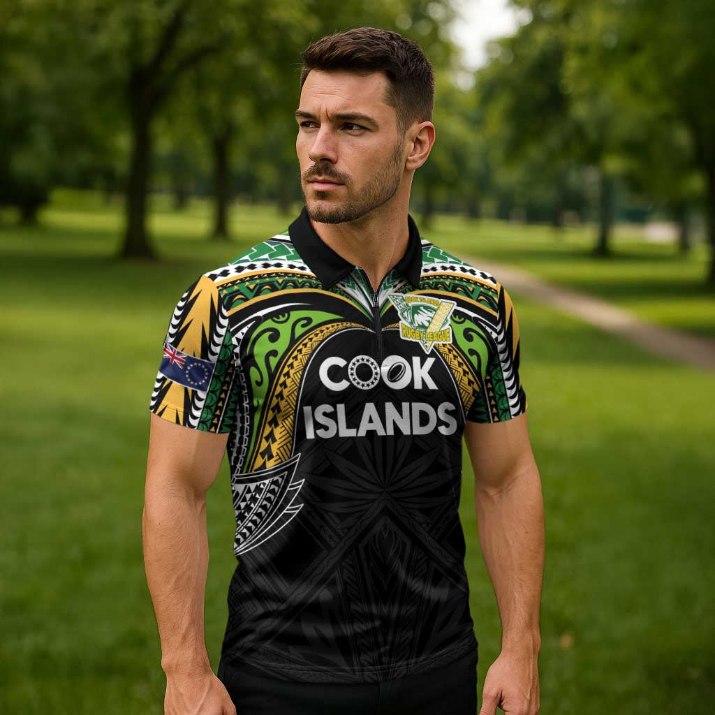 Custom Cook Islands Rugby League Zipper Polo Shirt Tatau Tribal Motifs-Black Color LT03 - Polynesian Pride