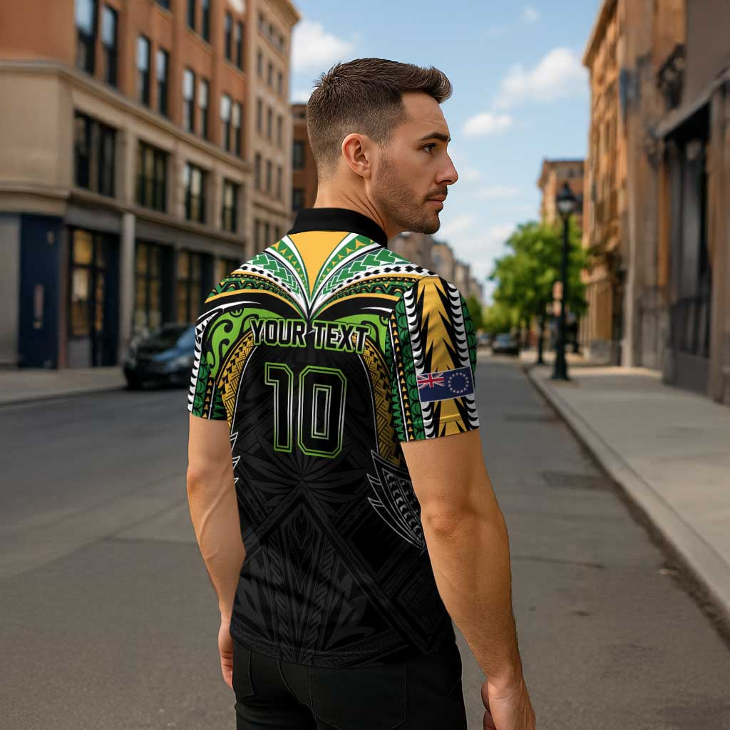 Custom Cook Islands Rugby League Zipper Polo Shirt Tatau Tribal Motifs-Black Color LT03 - Polynesian Pride