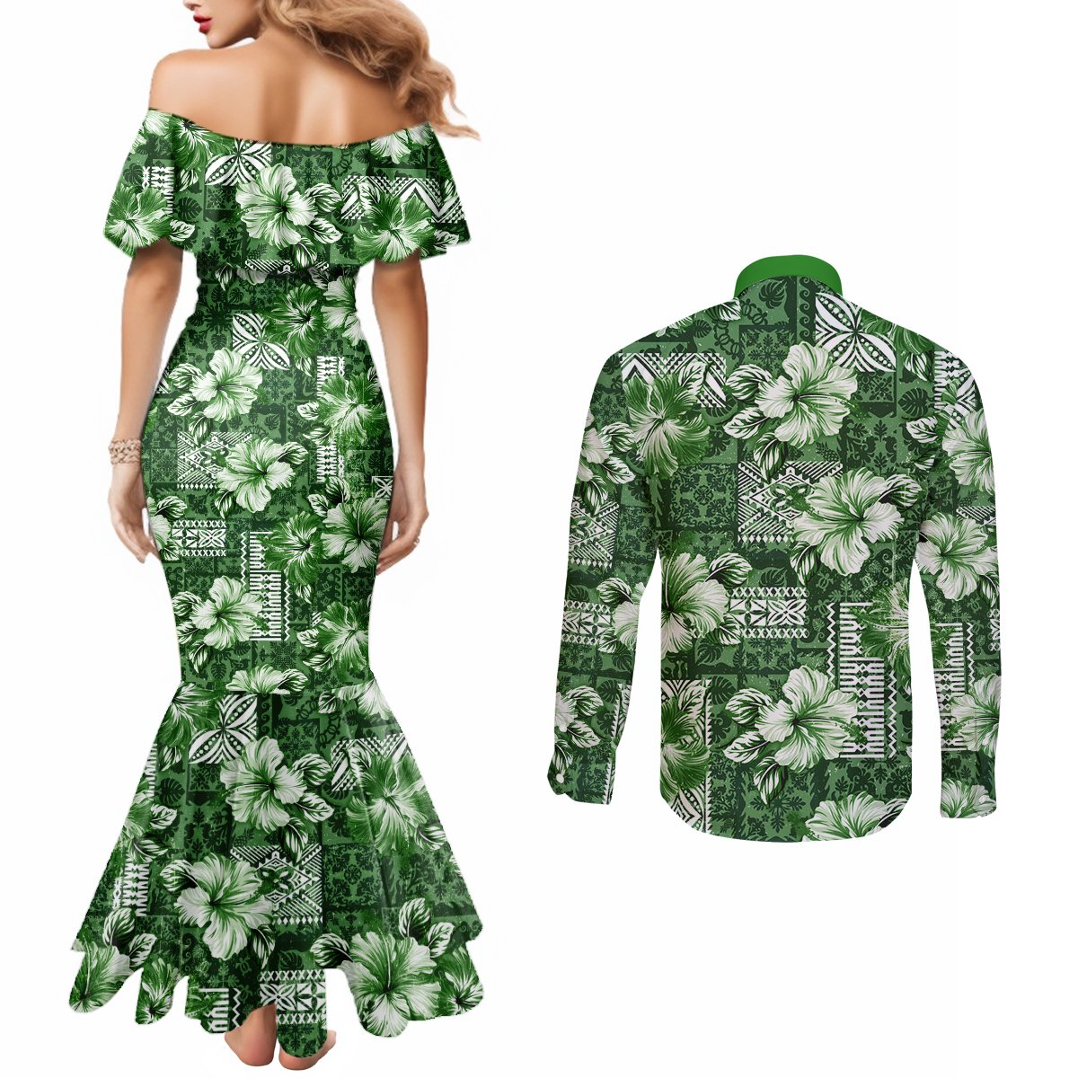 Hawaiian Quilt Pattern Couples Matching Mermaid Dress and Long Sleeve Button Shirt Hibiscus and Tribal Element Vintage Green Vibe LT03 - Polynesian Pride