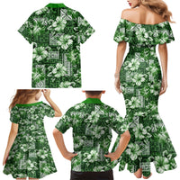Hawaiian Quilt Pattern Family Matching Mermaid Dress and Hawaiian Shirt Hibiscus and Tribal Element Vintage Green Vibe LT03 - Polynesian Pride