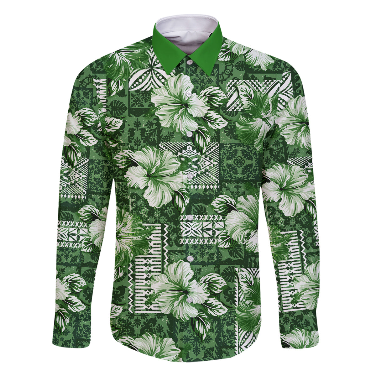 Hawaiian Quilt Pattern Family Matching Off Shoulder Long Sleeve Dress and Hawaiian Shirt Hibiscus and Tribal Element Vintage Green Vibe LT03 Dad's Shirt - Long Sleeve Green - Polynesian Pride