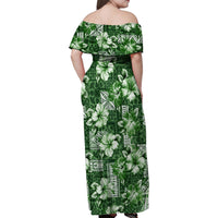 Hawaiian Quilt Pattern Family Matching Off Shoulder Maxi Dress and Hawaiian Shirt Hibiscus and Tribal Element Vintage Green Vibe LT03 - Polynesian Pride