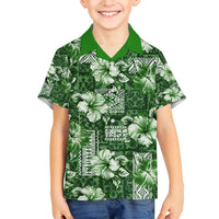 Hawaiian Quilt Pattern Family Matching Off Shoulder Maxi Dress and Hawaiian Shirt Hibiscus and Tribal Element Vintage Green Vibe LT03 Son's Shirt Green - Polynesian Pride
