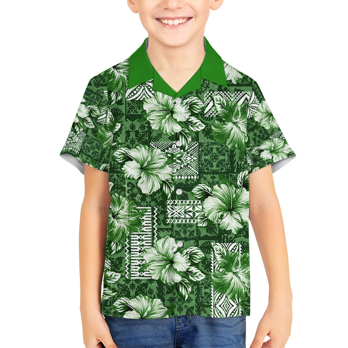 Hawaiian Quilt Pattern Family Matching Puletasi and Hawaiian Shirt Hibiscus and Tribal Element Vintage Green Vibe LT03 Son's Shirt Green - Polynesian Pride