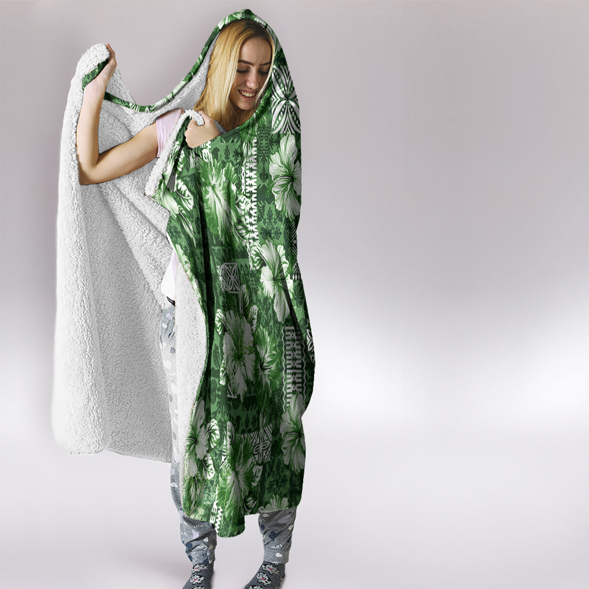 Hawaiian Quilt Pattern Hooded Blanket Hibiscus and Tribal Element Vintage Green Vibe LT03 - Polynesian Pride