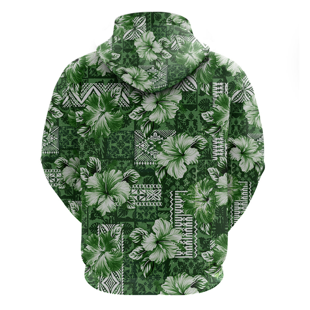 Hawaiian Quilt Pattern Zip Hoodie Hibiscus and Tribal Element Vintage Green Vibe LT03 - Polynesian Pride