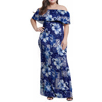 Hawaiian Quilt Pattern Family Matching Off Shoulder Maxi Dress and Hawaiian Shirt Hibiscus and Tribal Element Vintage Blue Vibe LT03 Mom's Dress Blue - Polynesian Pride