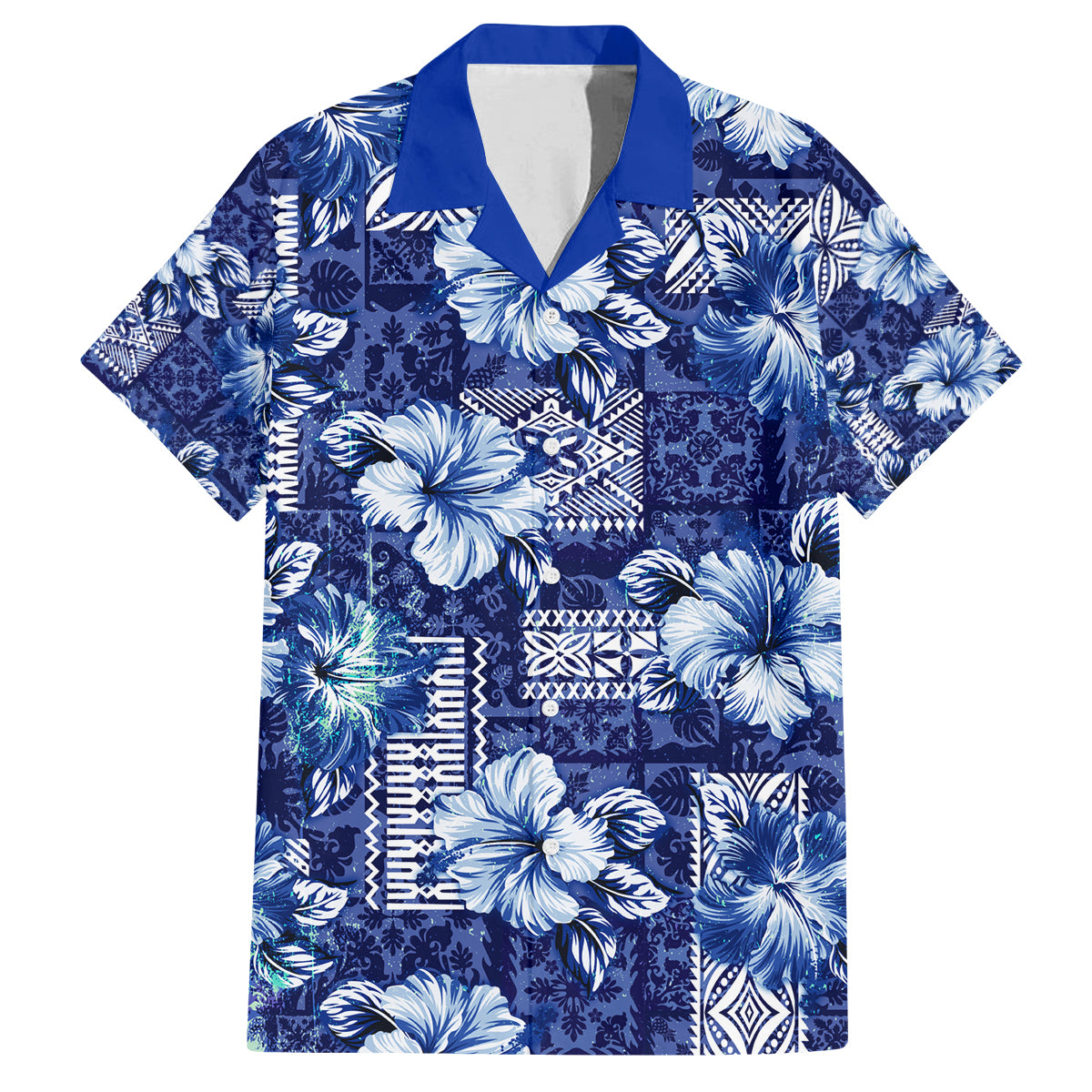 Hawaiian Quilt Pattern Family Matching Off Shoulder Short Dress and Hawaiian Shirt Hibiscus and Tribal Element Vintage Blue Vibe LT03 Dad's Shirt - Short Sleeve Blue - Polynesian Pride
