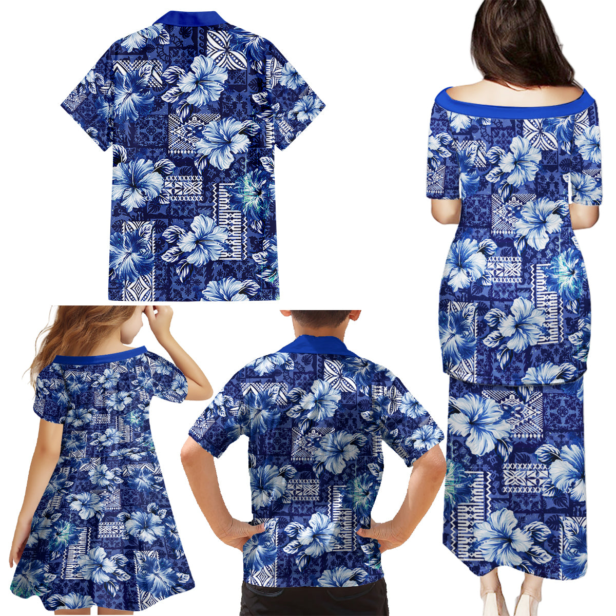 Hawaiian Quilt Pattern Family Matching Puletasi and Hawaiian Shirt Hibiscus and Tribal Element Vintage Blue Vibe LT03 - Polynesian Pride