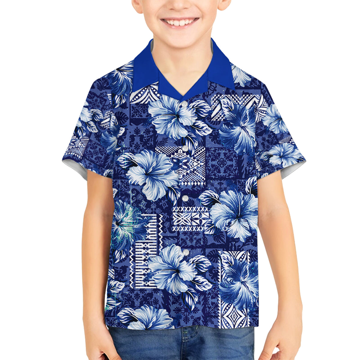 Hawaiian Quilt Pattern Family Matching Summer Maxi Dress and Hawaiian Shirt Hibiscus and Tribal Element Vintage Blue Vibe LT03 Son's Shirt Blue - Polynesian Pride