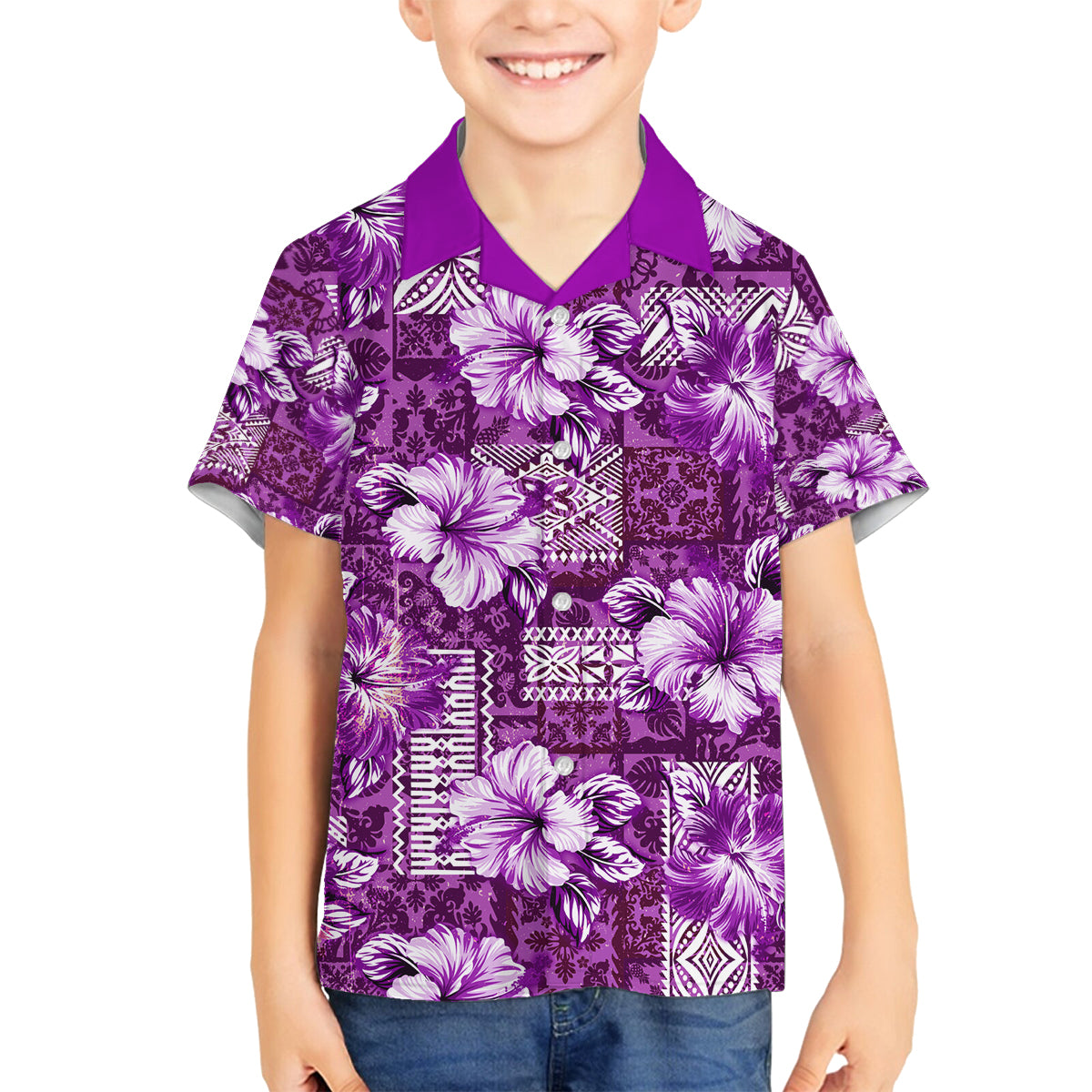 Hawaiian Quilt Pattern Family Matching Summer Maxi Dress and Hawaiian Shirt Hibiscus and Tribal Element Vintage Purple Vibe LT03 Son's Shirt Purple - Polynesian Pride