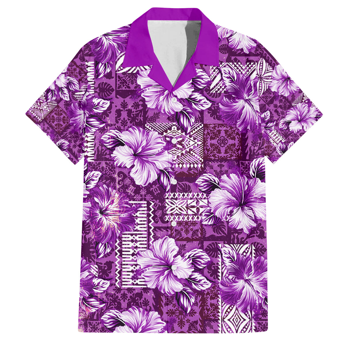 Hawaiian Quilt Pattern Family Matching Tank Maxi Dress and Hawaiian Shirt Hibiscus and Tribal Element Vintage Purple Vibe LT03 Dad's Shirt - Short Sleeve Purple - Polynesian Pride