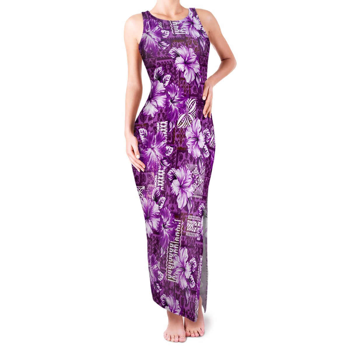 Hawaiian Quilt Pattern Family Matching Tank Maxi Dress and Hawaiian Shirt Hibiscus and Tribal Element Vintage Purple Vibe LT03 Mom's Dress Purple - Polynesian Pride