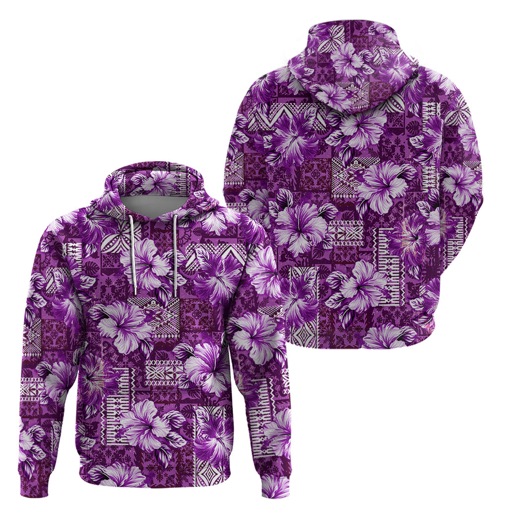 Hawaiian Quilt Pattern Zip Hoodie Hibiscus and Tribal Element Vintage Purple Vibe LT03 - Polynesian Pride