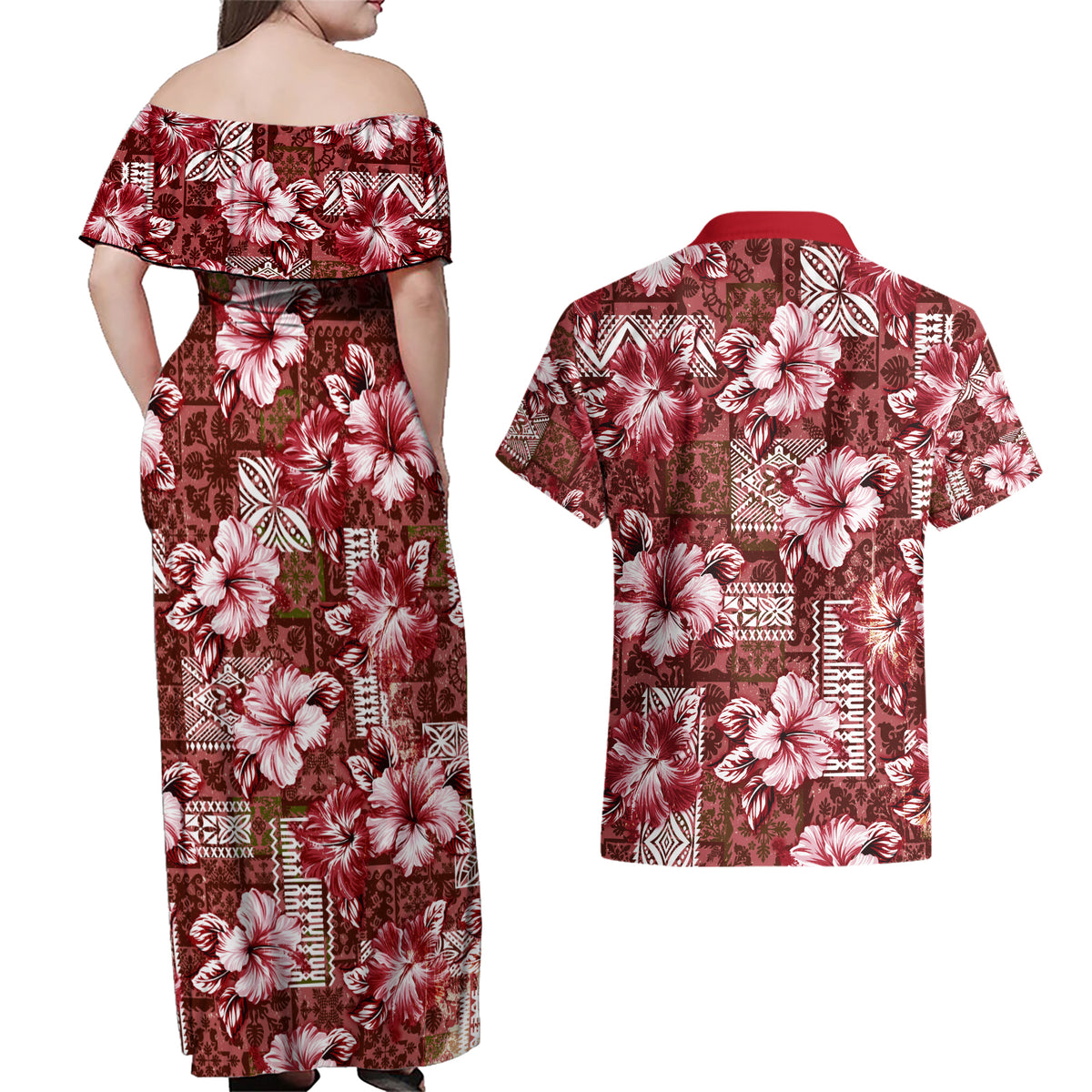 Hawaiian Quilt Pattern Couples Matching Off Shoulder Maxi Dress and Hawaiian Shirt Hibiscus and Tribal Element Vintage Red Vibe LT03 - Polynesian Pride