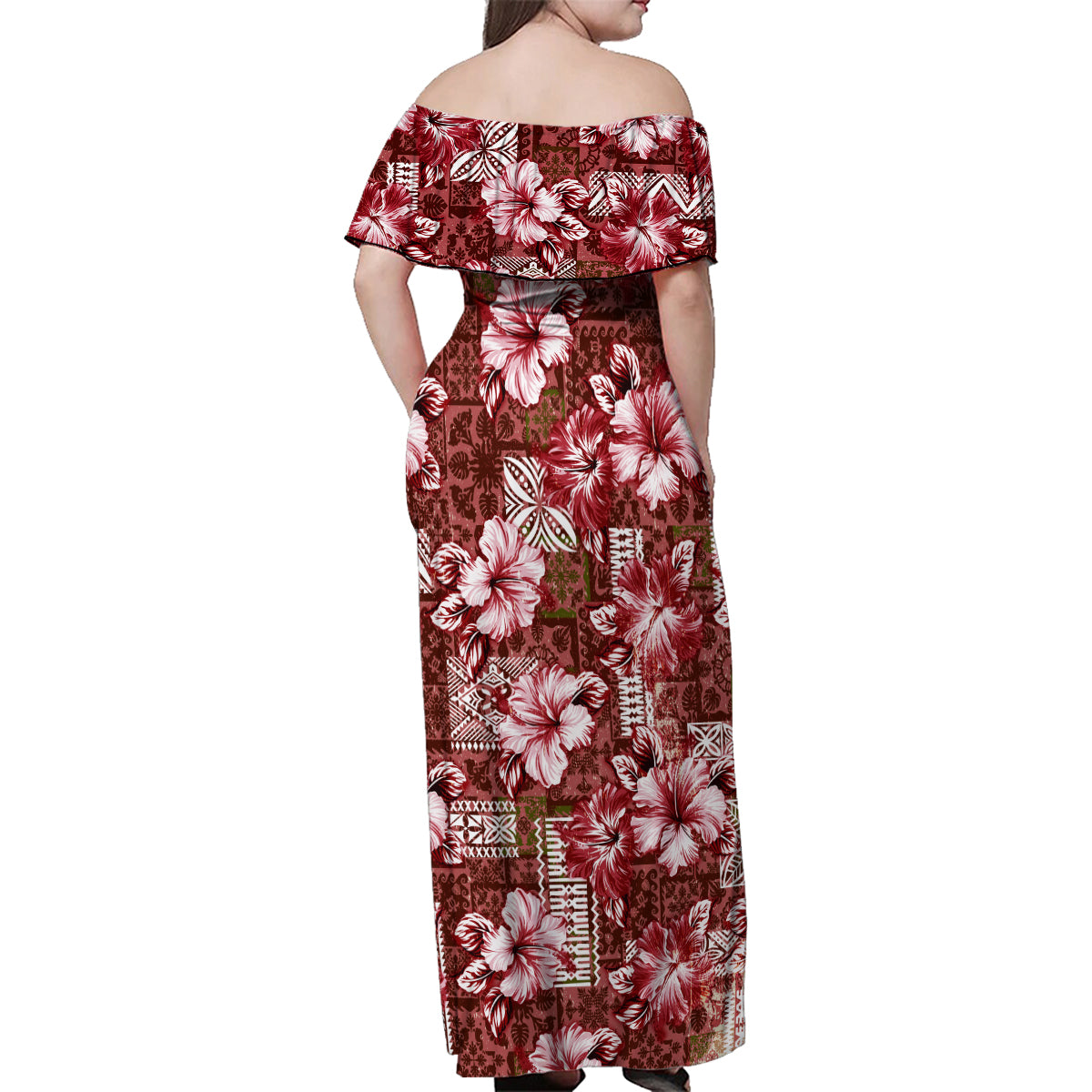 Hawaiian Quilt Pattern Family Matching Off Shoulder Maxi Dress and Hawaiian Shirt Hibiscus and Tribal Element Vintage Red Vibe LT03 - Polynesian Pride