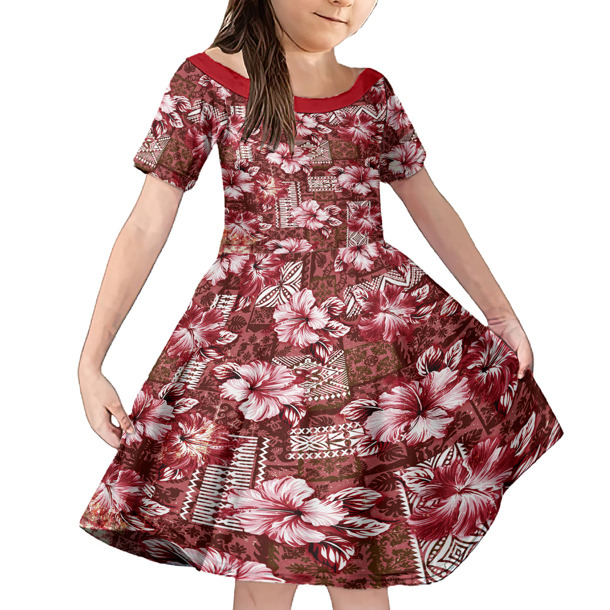 Hawaiian Quilt Pattern Family Matching Short Sleeve Bodycon Dress and Hawaiian Shirt Hibiscus and Tribal Element Vintage Red Vibe LT03 Daughter's Dress Red - Polynesian Pride