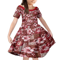 Hawaiian Quilt Pattern Family Matching Summer Maxi Dress and Hawaiian Shirt Hibiscus and Tribal Element Vintage Red Vibe LT03 Daughter's Dress Red - Polynesian Pride