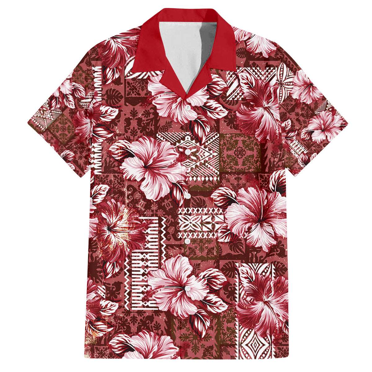 Hawaiian Quilt Pattern Family Matching Tank Maxi Dress and Hawaiian Shirt Hibiscus and Tribal Element Vintage Red Vibe LT03 Dad's Shirt - Short Sleeve Red - Polynesian Pride