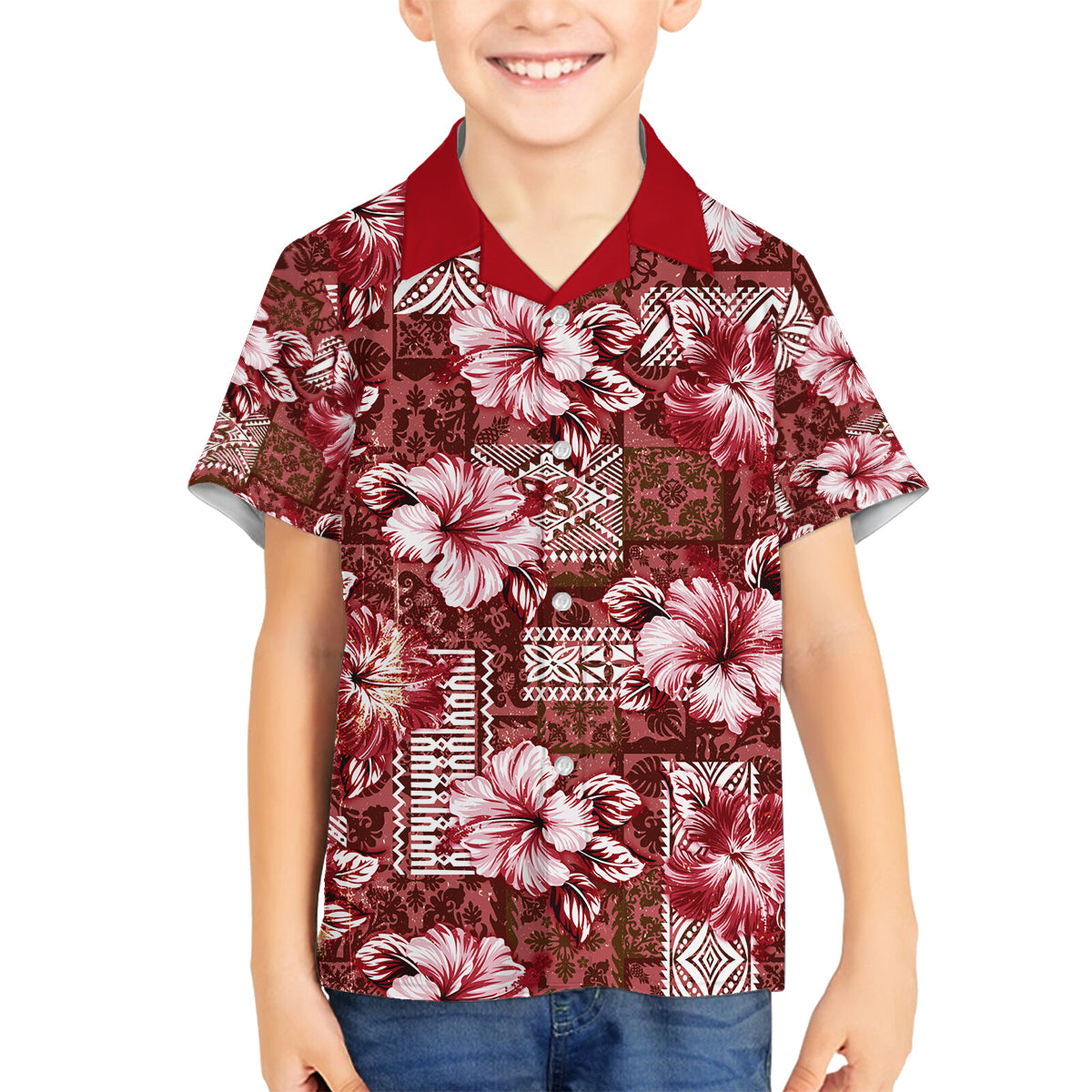 Hawaiian Quilt Pattern Family Matching Tank Maxi Dress and Hawaiian Shirt Hibiscus and Tribal Element Vintage Red Vibe LT03 Son's Shirt Red - Polynesian Pride