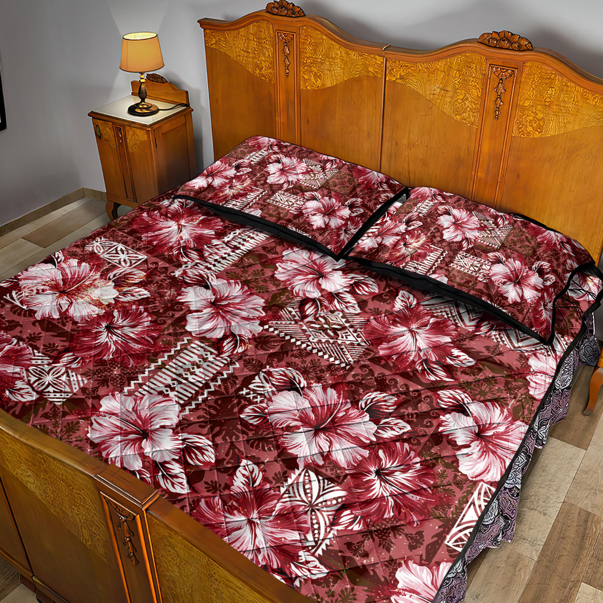 Hawaiian Quilt Pattern Quilt Bed Set Hibiscus and Tribal Element Vintage Red Vibe LT03 - Polynesian Pride