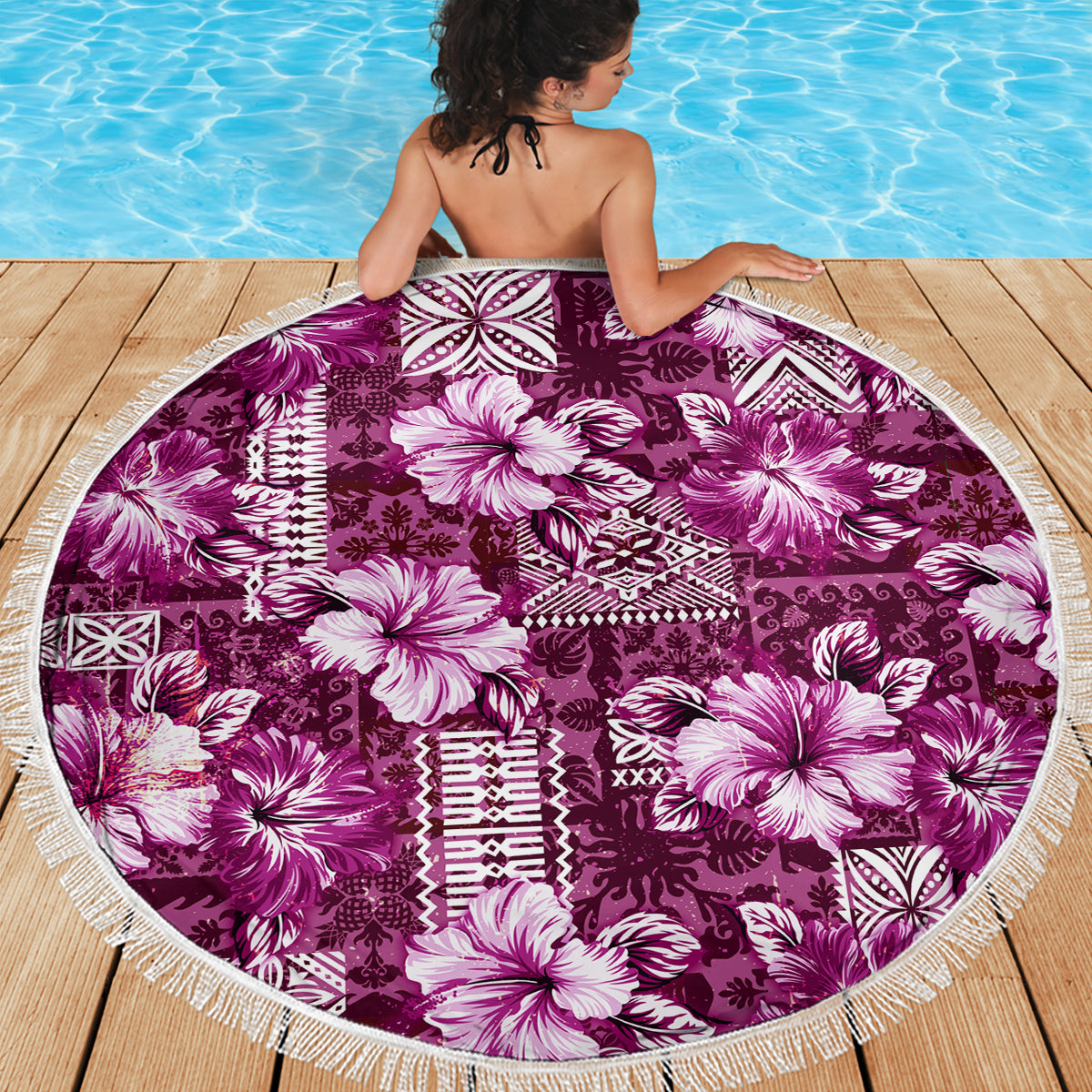 Hawaiian Quilt Pattern Beach Blanket Hibiscus and Tribal Element Vintage Pink Vibe LT03 - Polynesian Pride